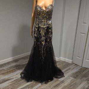 Black and Gold Embellished Sweetheart Prom Gown